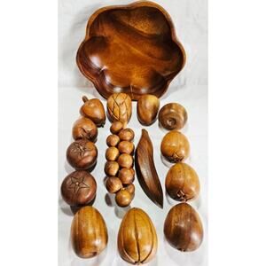 Vintage MCM Carved Wood Fruit & Monkey Pod Bowl Set Of 15 Retro Decor